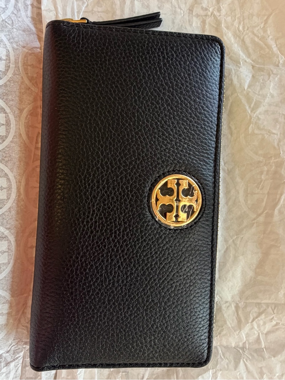 Tory Burch Black Pebbled Leather Zip-Around Wallet with Gold Logo